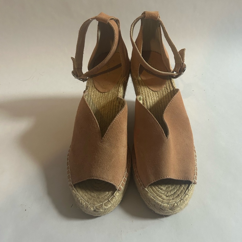 Seychelles Floral Espadrille Wedge Sandals Tan Suede Leather Peep Toe Heels Sz 9 - Picture 3 of 12